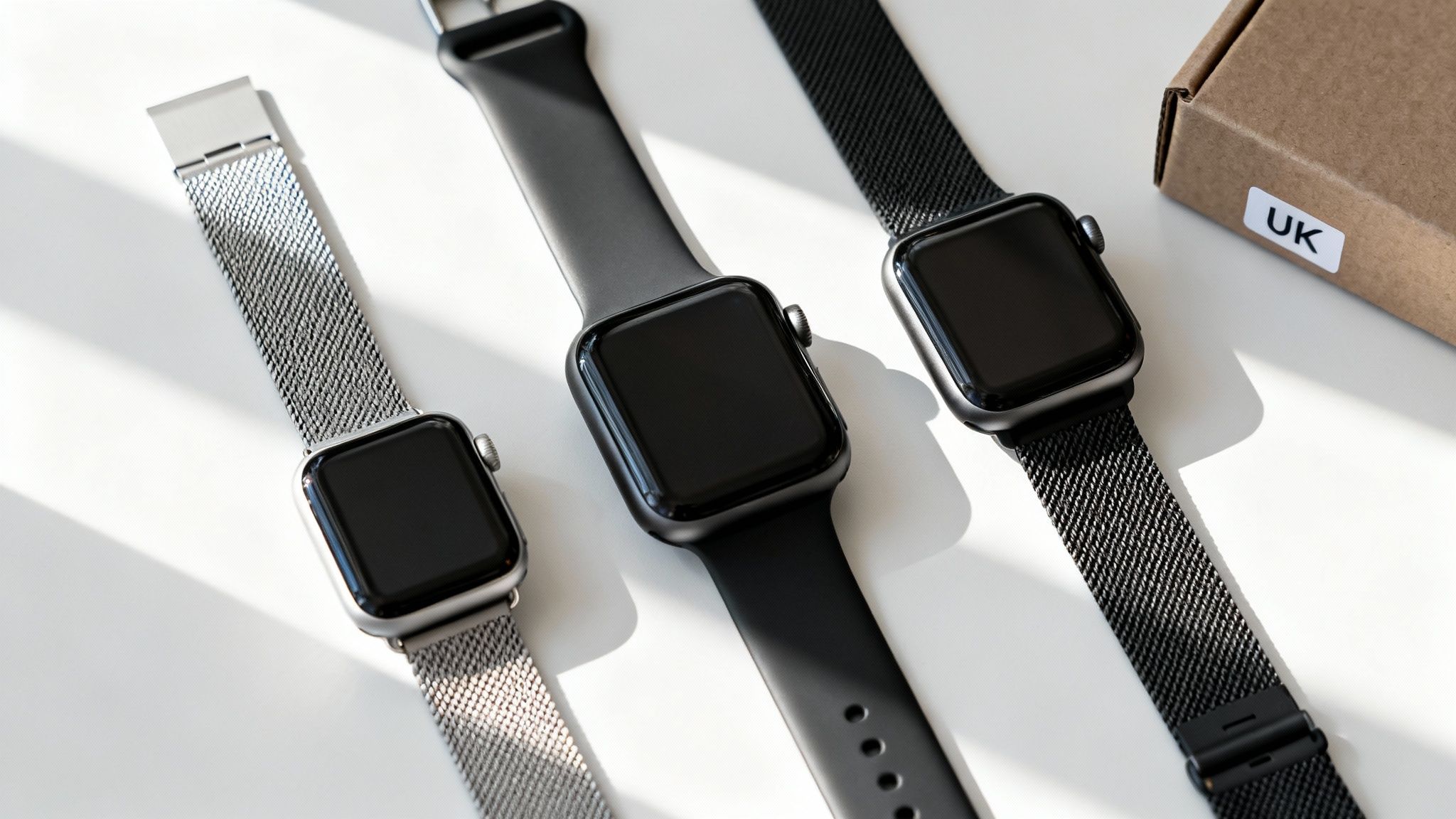 Three Apple Watches displayed with silver Milanese, black sport, and black Milanese loop bands.