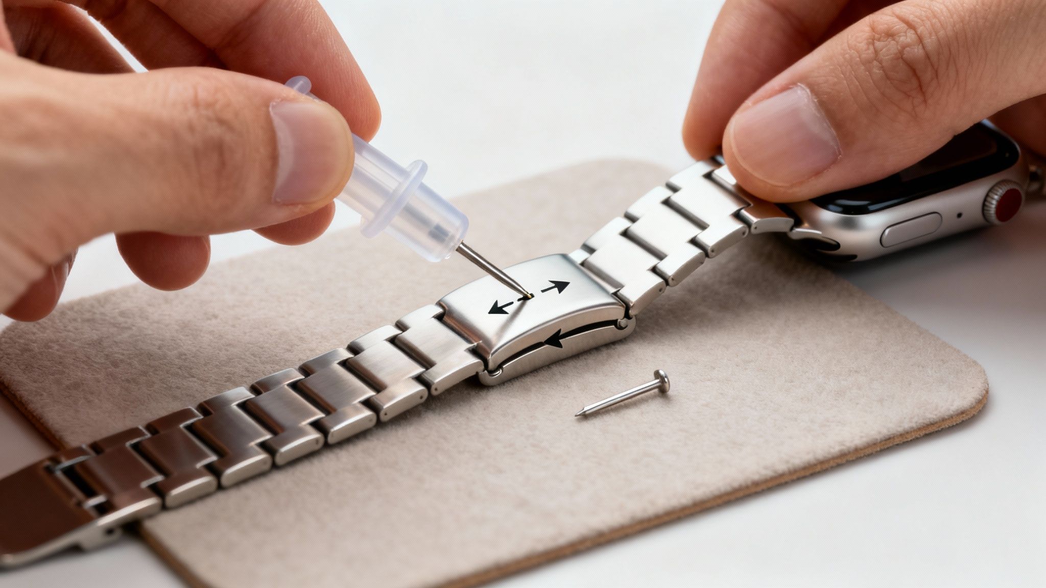 Close-up of hands adjusting an Apple Watch metal link band with a pin removal tool.