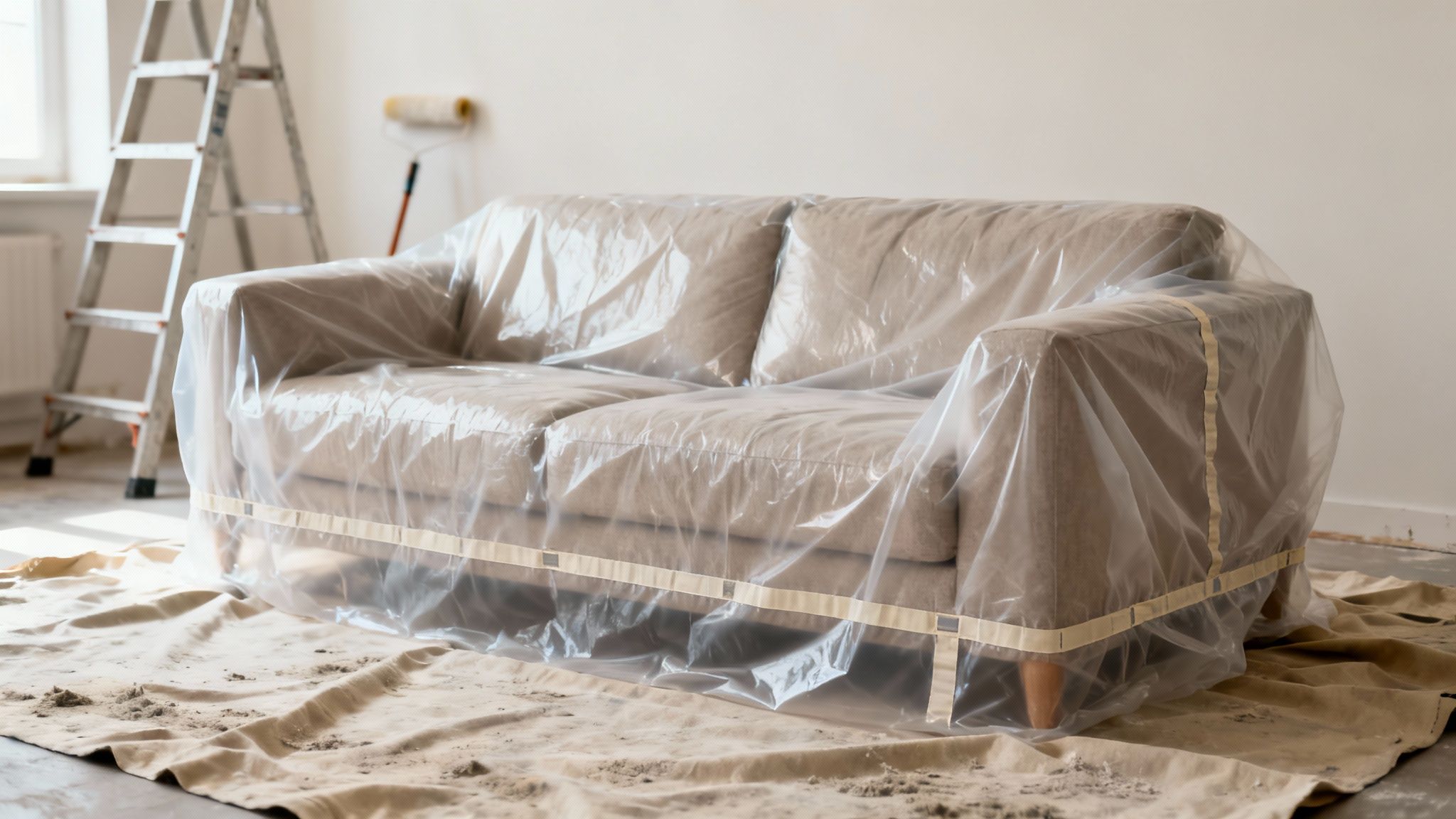 A beige sofa is protected by a plastic cover and drop cloth during house painting.