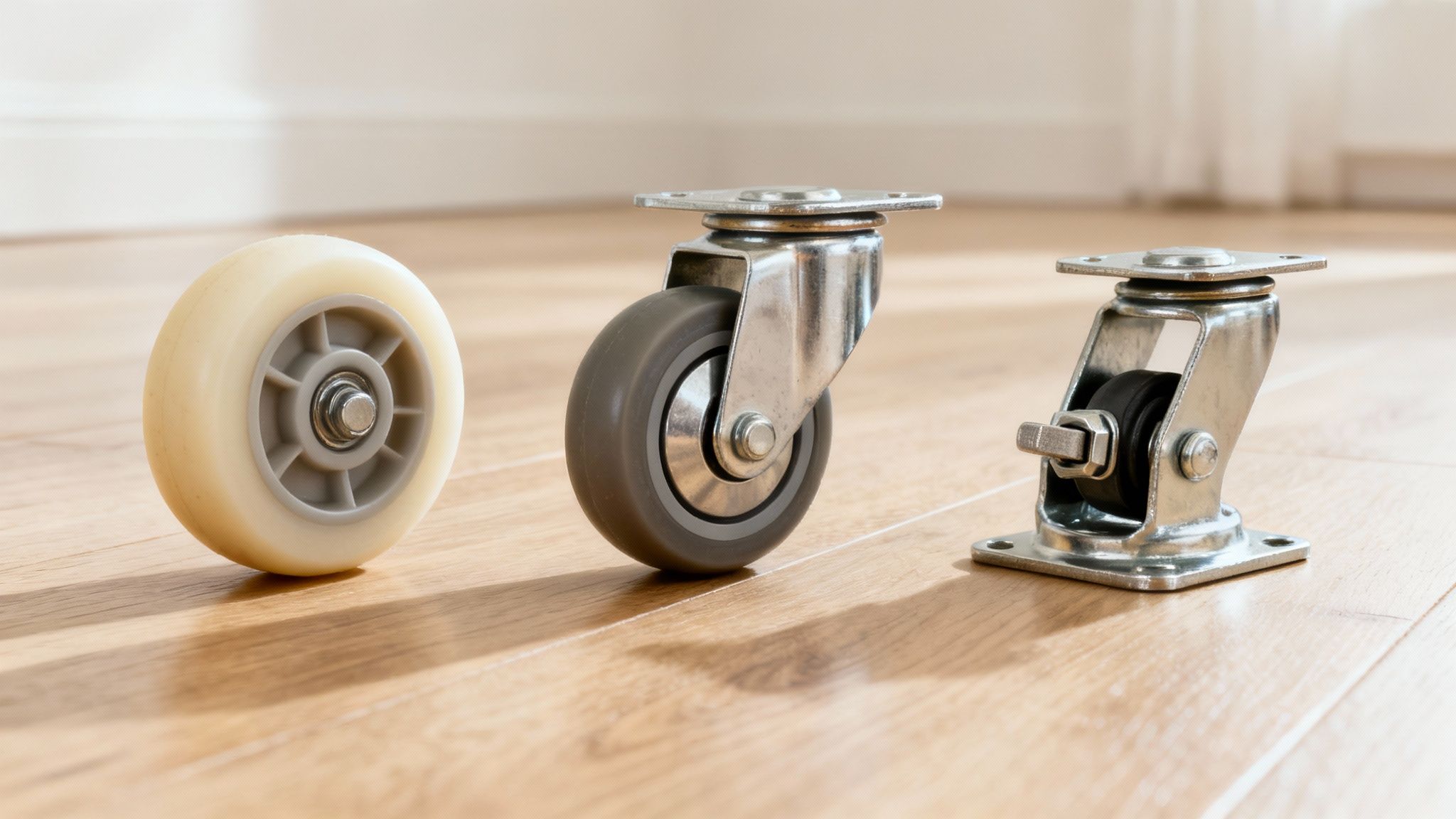 Three different caster wheels: a standalone wheel, a swivel caster, and a locking swivel caster on a wooden floor.