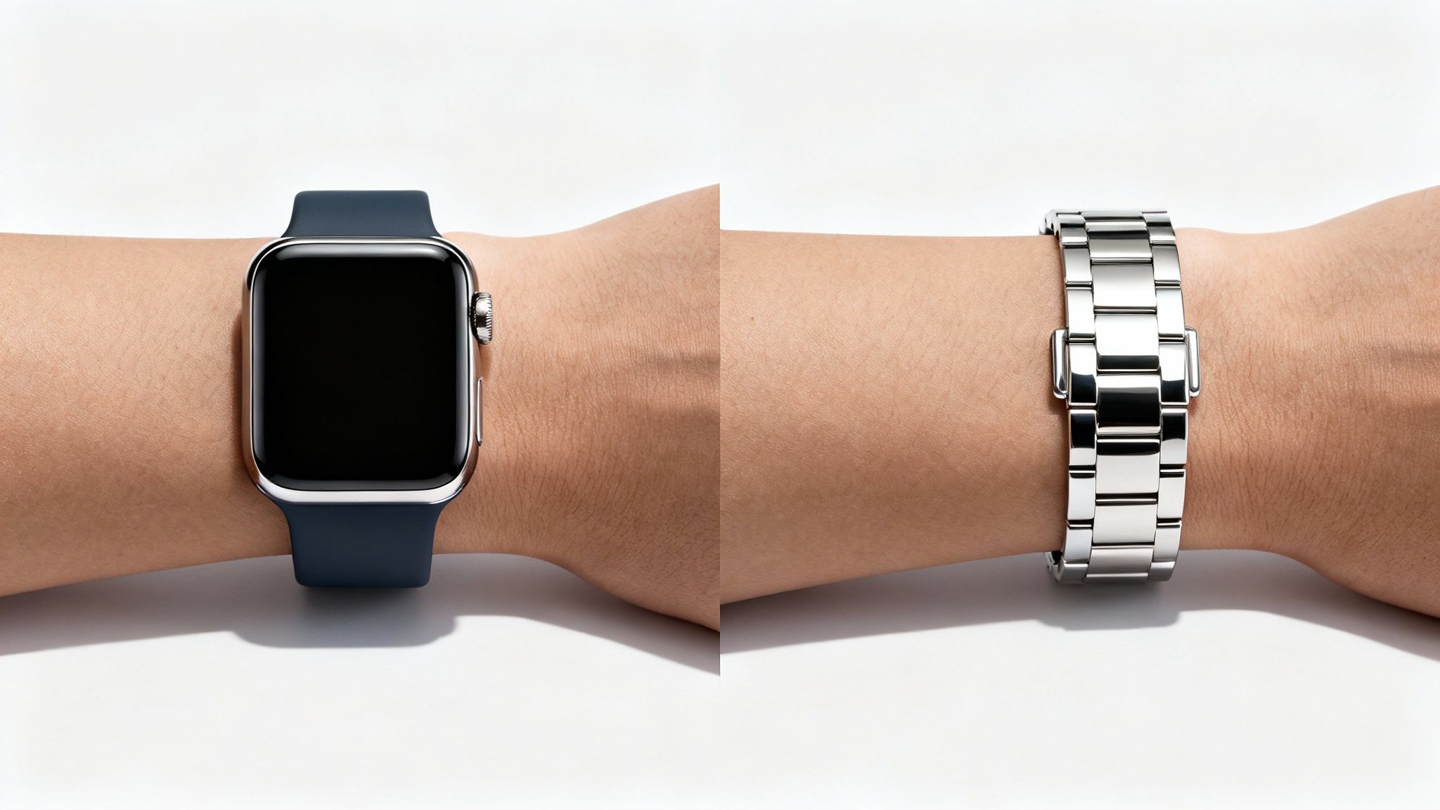 A wrist displays an Apple Watch with a dark blue band and a silver metal watch strap.