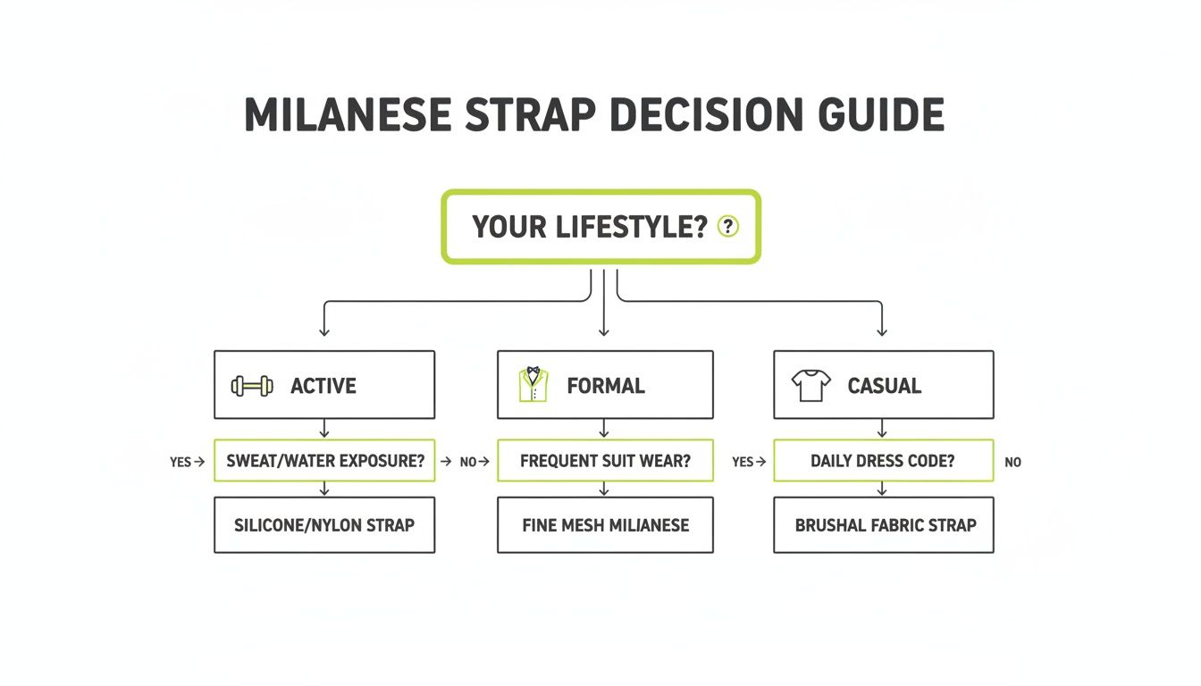 Decision guide flowchart for Milanesse watch straps, categorizing by Active, Formal, and Casual lifestyles.