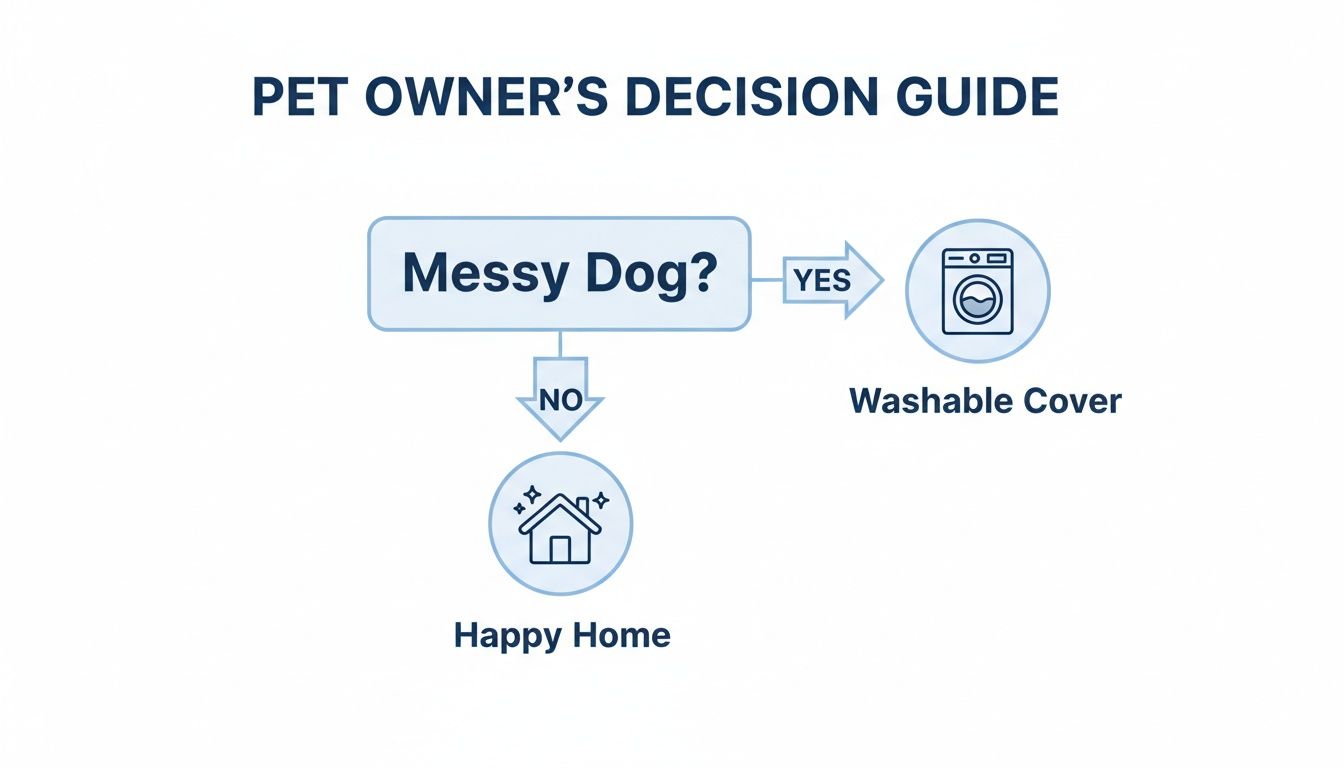 A pet owner's decision guide flowchart for a messy dog, suggesting a washable cover.