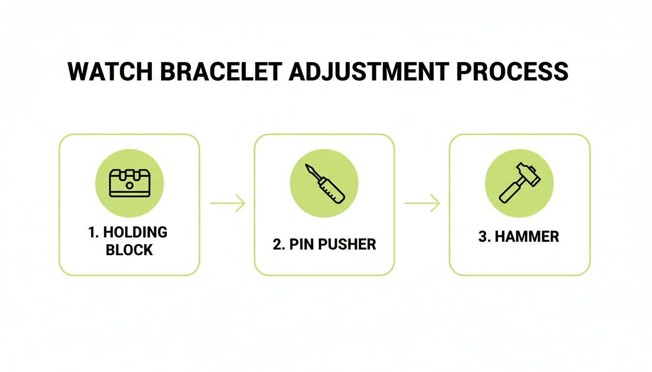 Three steps for watch bracelet adjustment: holding block, pin pusher, and hammer tools.