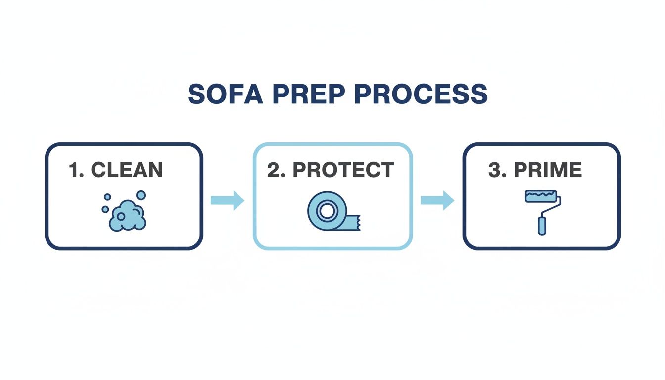 Flowchart illustrating the three-step sofa preparation process: clean, protect with tape, and prime with a roller.