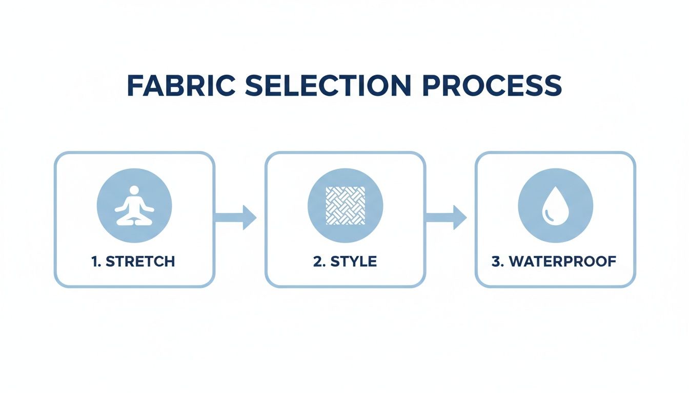Diagram illustrating the fabric selection process with three steps: stretch, style, and waterproof properties.