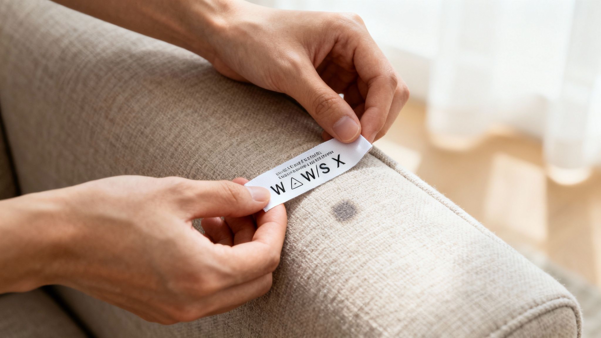 Hands holding a care label on a beige sofa, next to a visible dark stain.