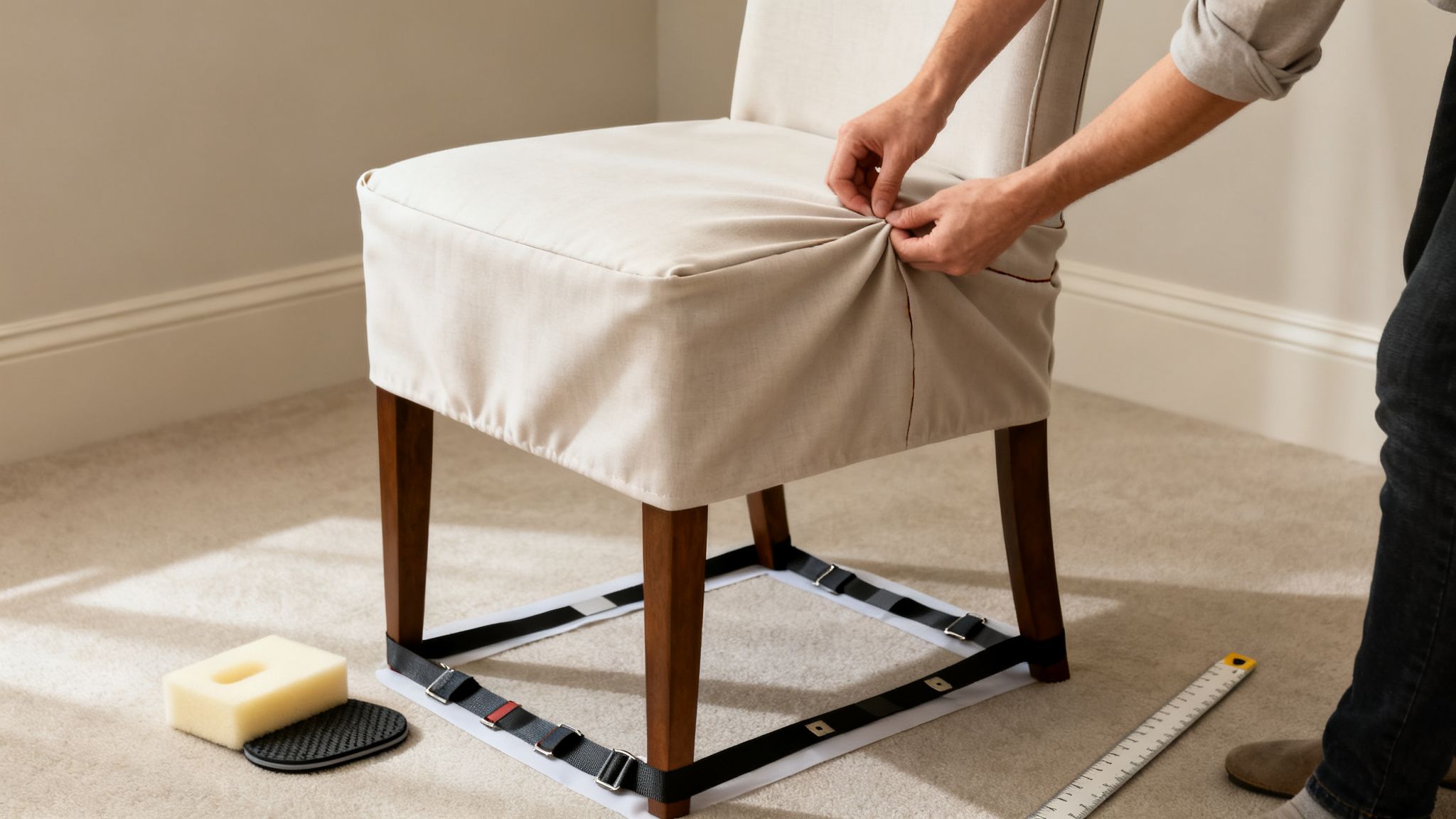 Person adjusts a new beige slipcover onto a dining chair, with fitting tools on a carpeted floor.