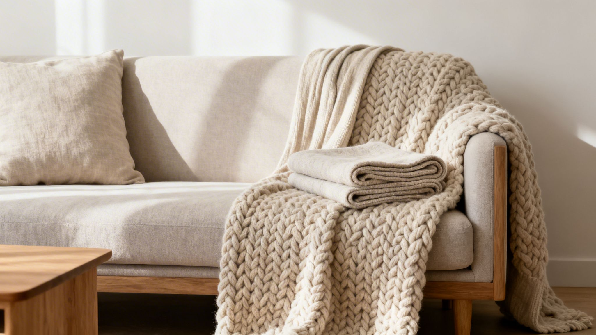 A cozy, light-colored sofa adorned with chunky knit and folded blankets, creating a warm ambiance.