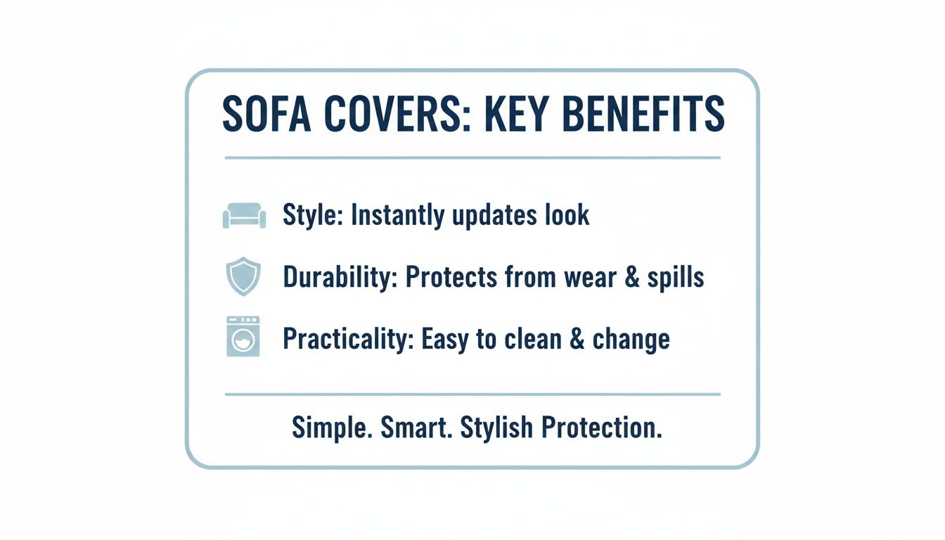 A list outlining the key benefits of sofa covers: style, durability, and practicality for protection.