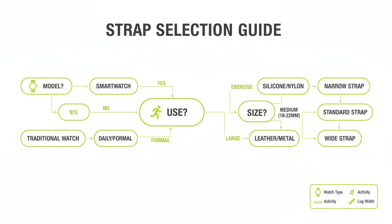 Flowchart outlining a watch strap selection guide, considering watch model, intended use, and size for optimal choice.