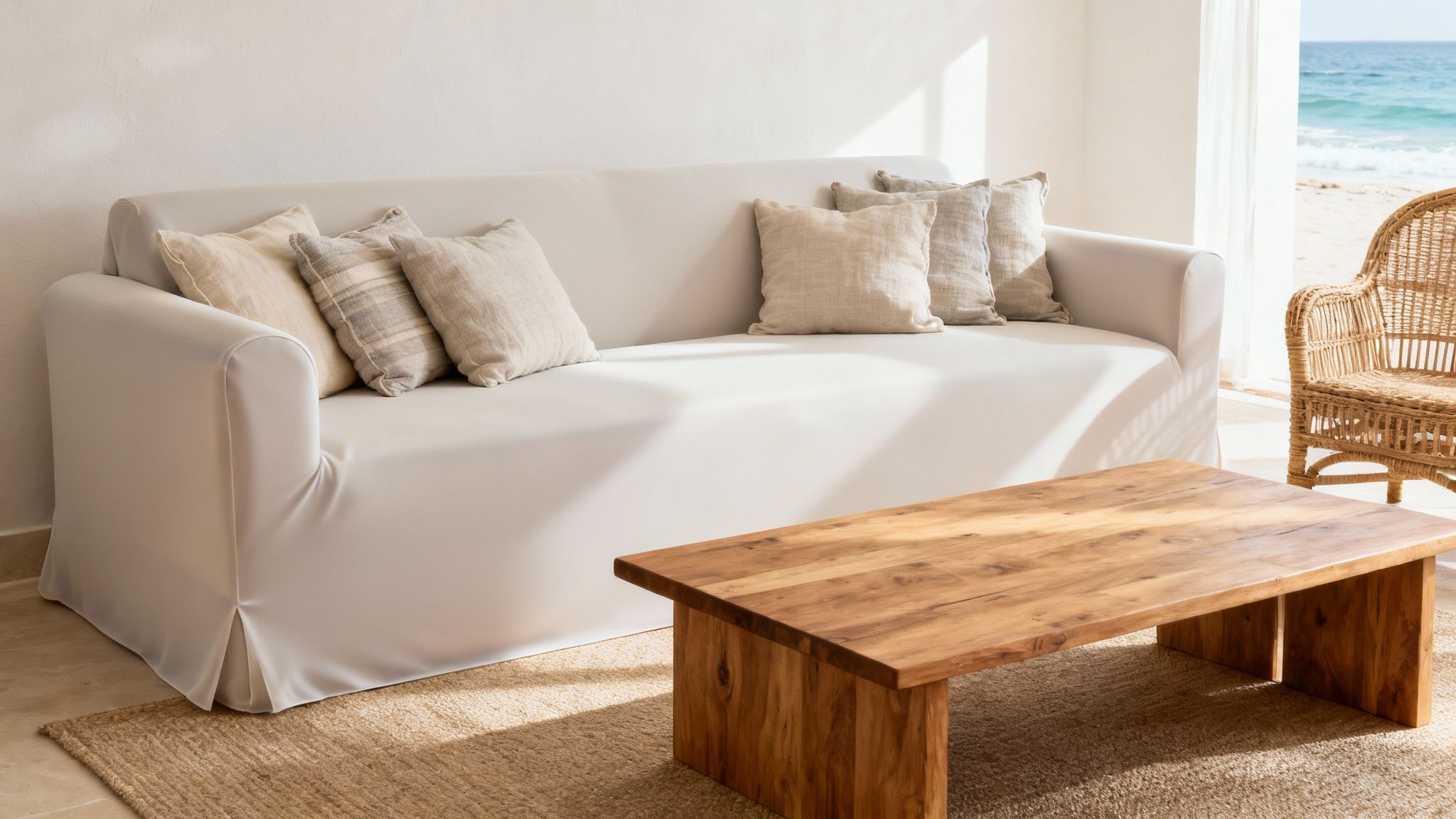 A serene coastal living room with a white sofa, neutral pillows, and a wooden table.