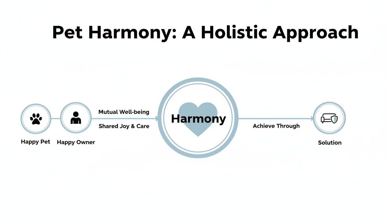 Diagram showing 'Pet Harmony: A Holistic Approach' connecting happy pets, happy owners, and a solution.