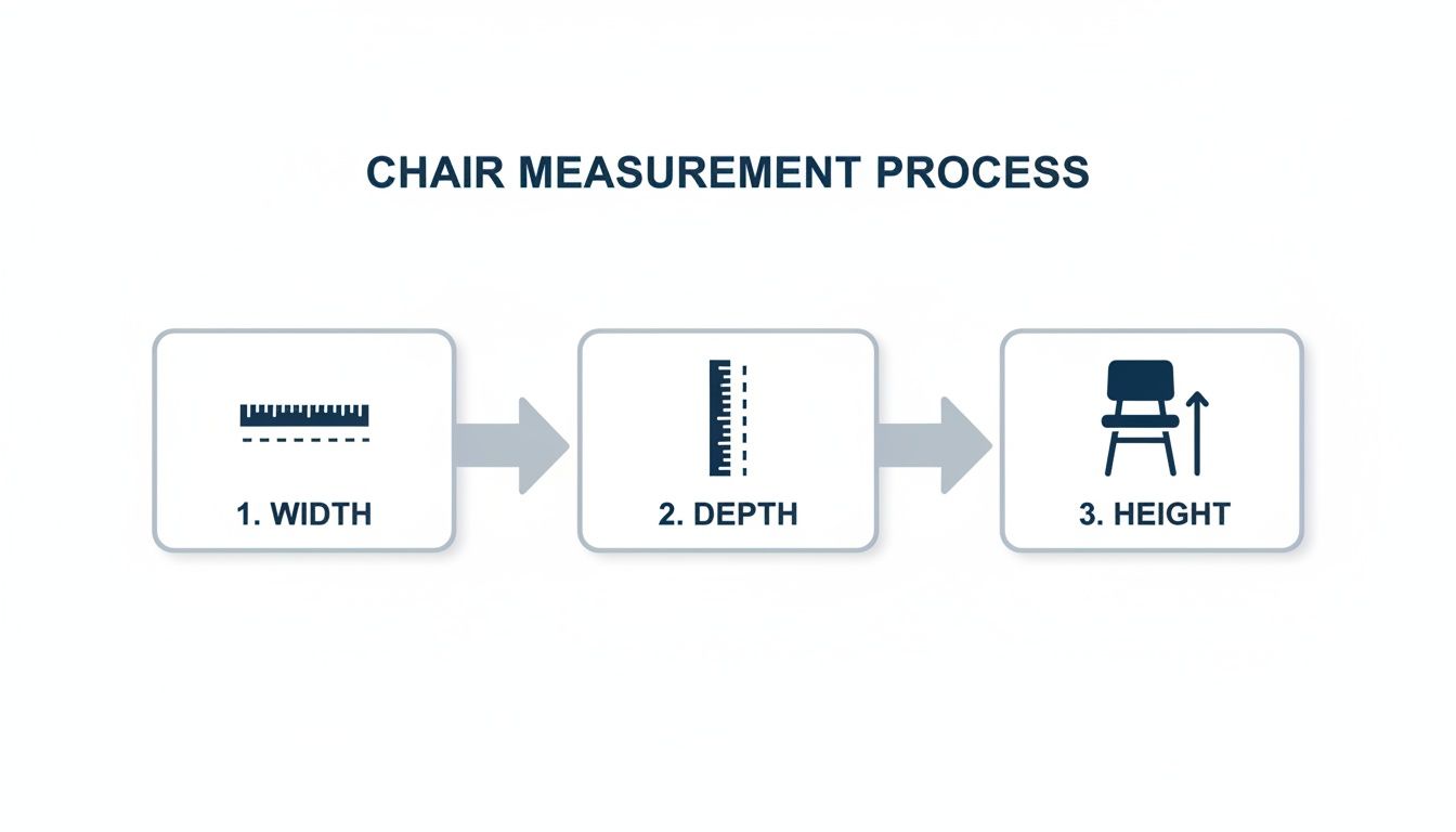 A diagram illustrating the chair measurement process with three steps: 1. Width, 2. Depth, and 3. Height, each with an icon.