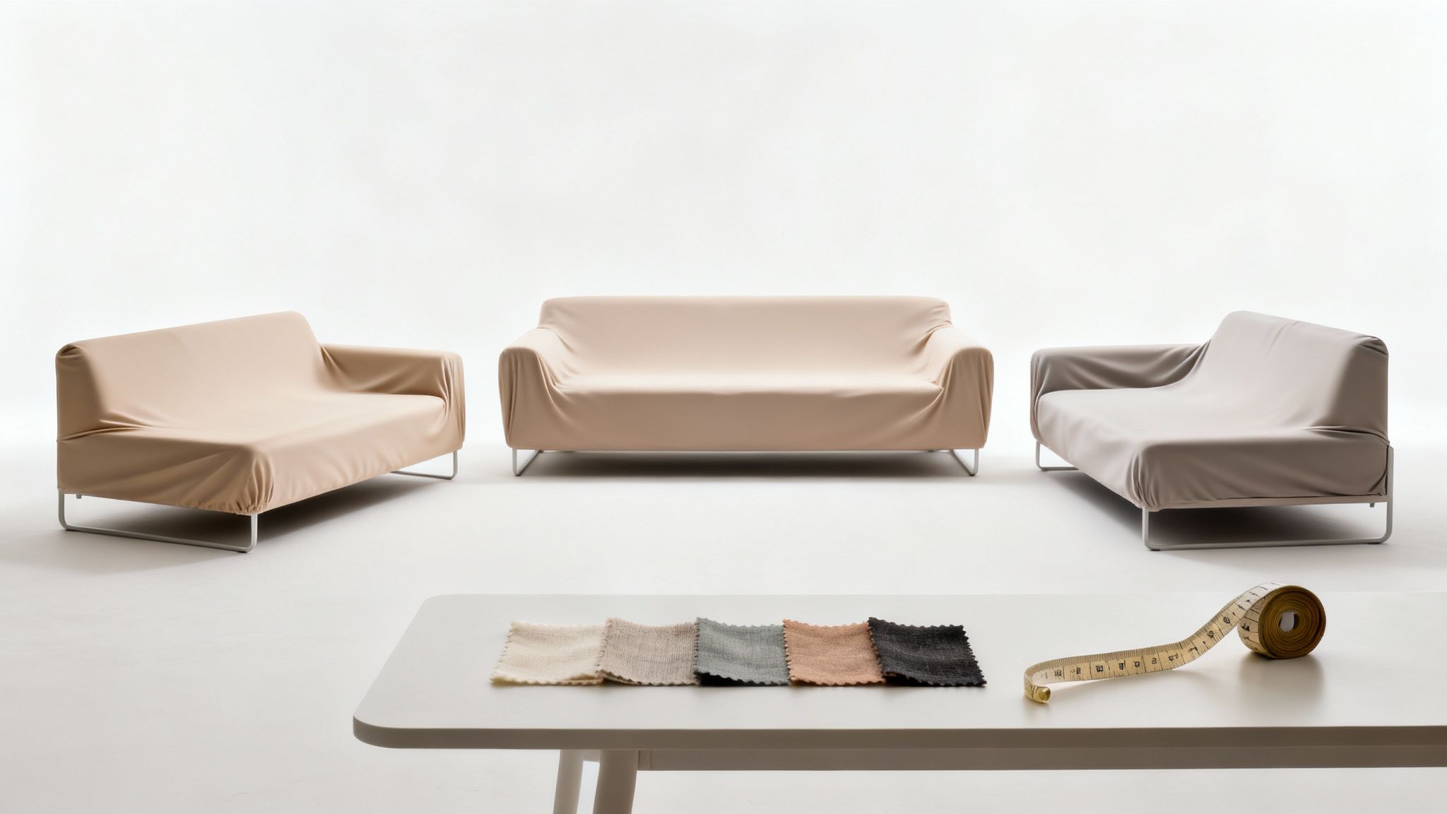 Three modern sofas with neutral-colored slipcovers are displayed with fabric swatches and a measuring tape.
