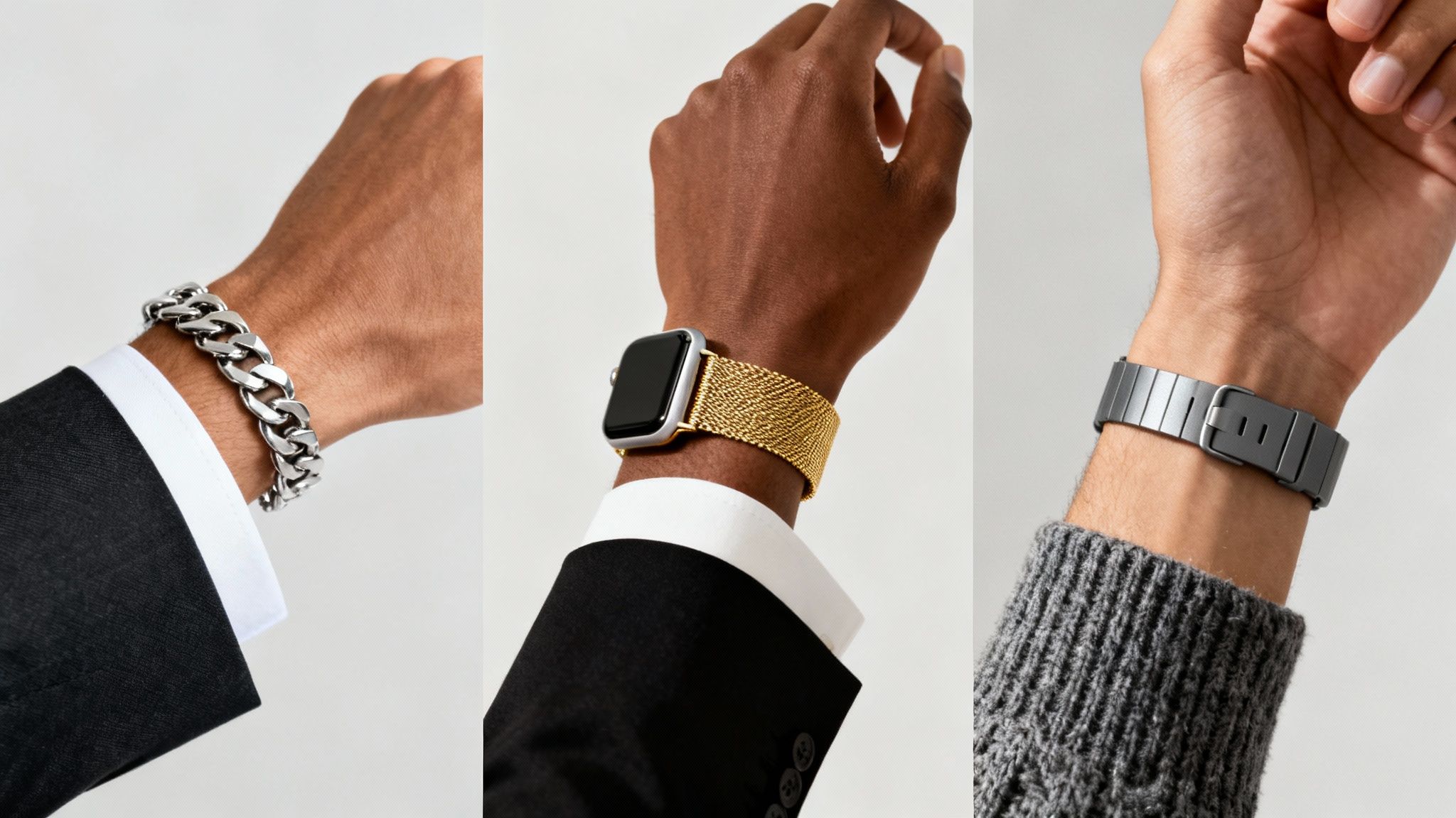 Three men's hands showcase different metal wrist accessories: a chain bracelet, a gold Apple Watch band, and a grey watch strap.