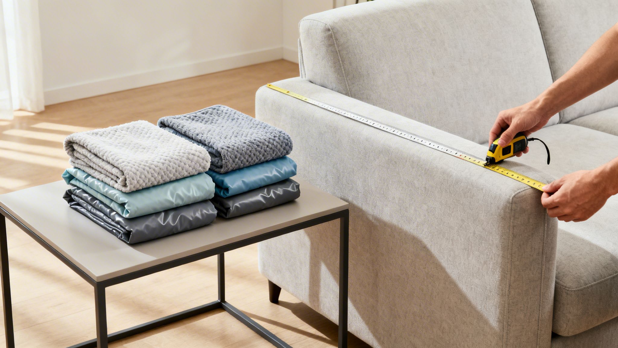 A person measures the armrest of a grey couch with a tape measure, next to folded blankets.