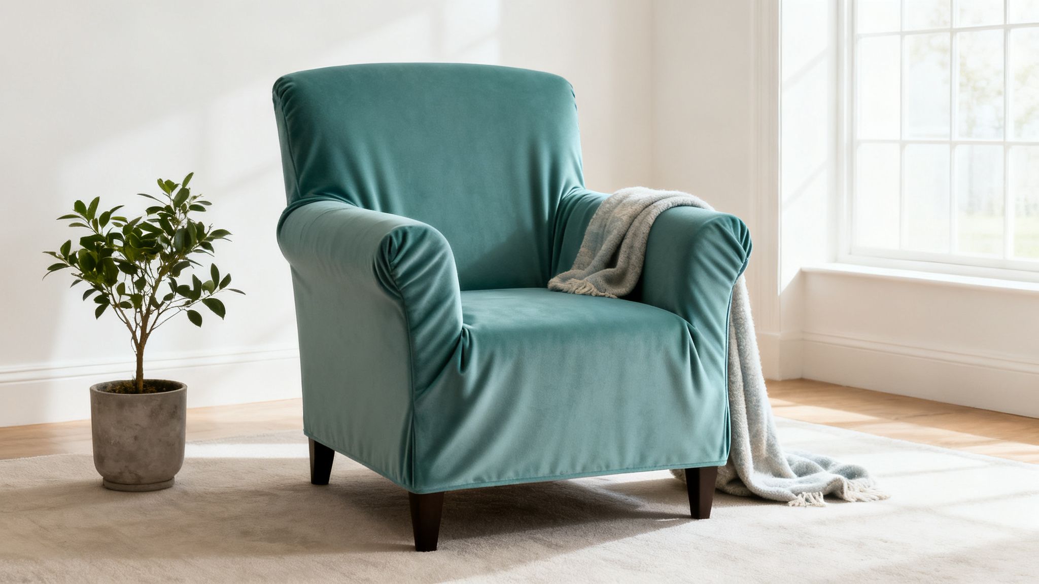 A cozy teal velvet armchair with a slipcover and a grey throw blanket in a bright room.