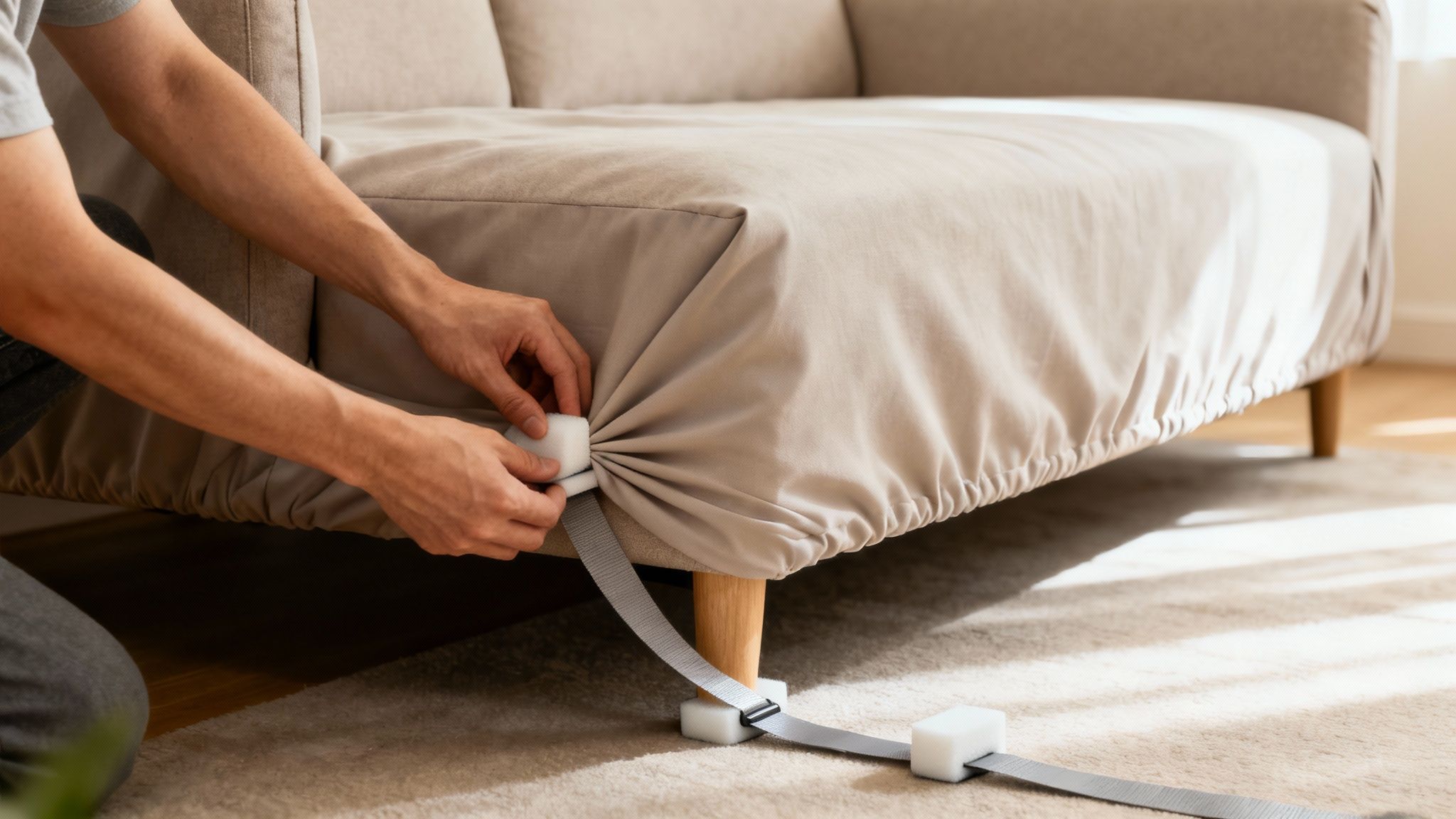 A person's hands adjusting a light beige fitted cover onto a sofa, securing it with straps.