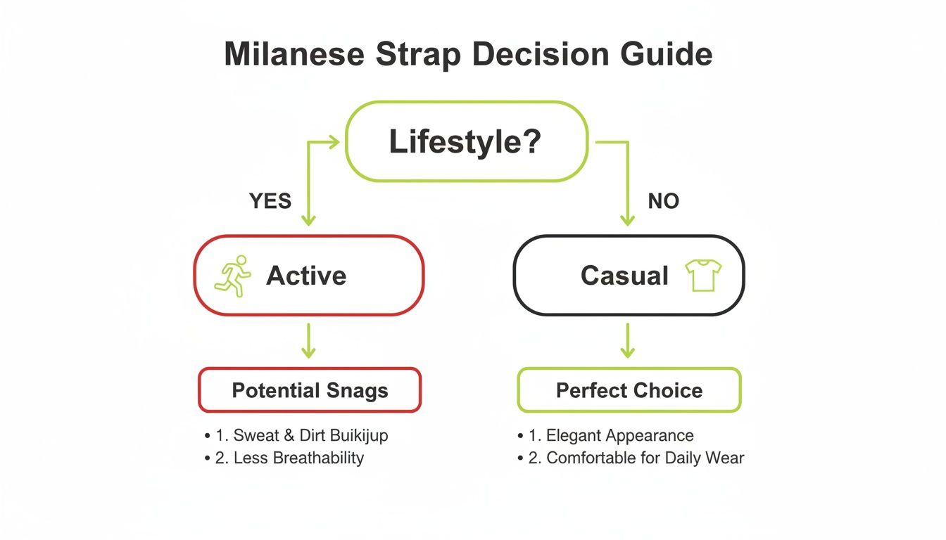 A Milanese Strap Decision Guide flowchart, helping users choose based on active or casual lifestyles.