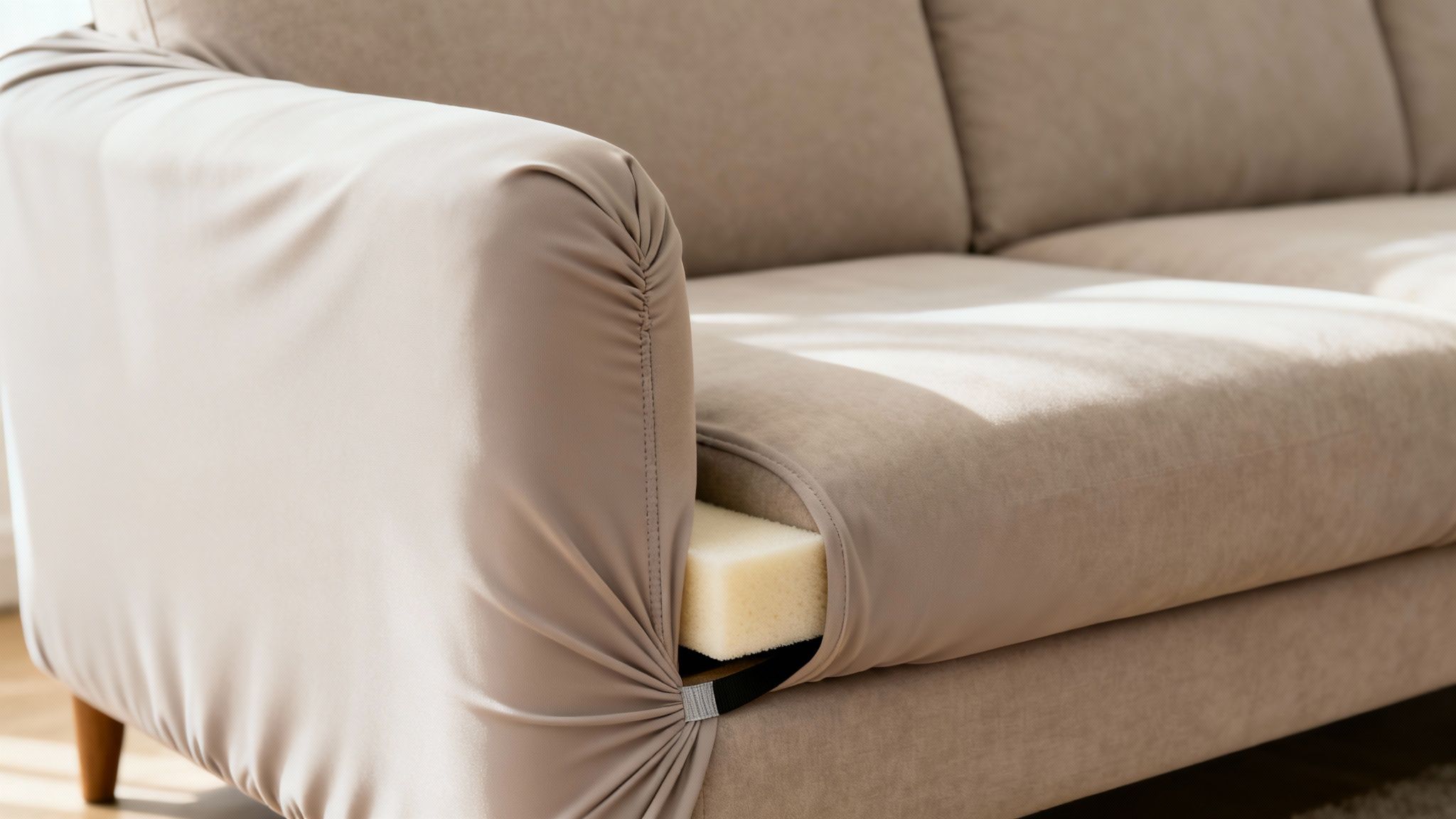 Close-up of a beige sofa armrest with a snugly fitted protective cover, revealing a foam insert.