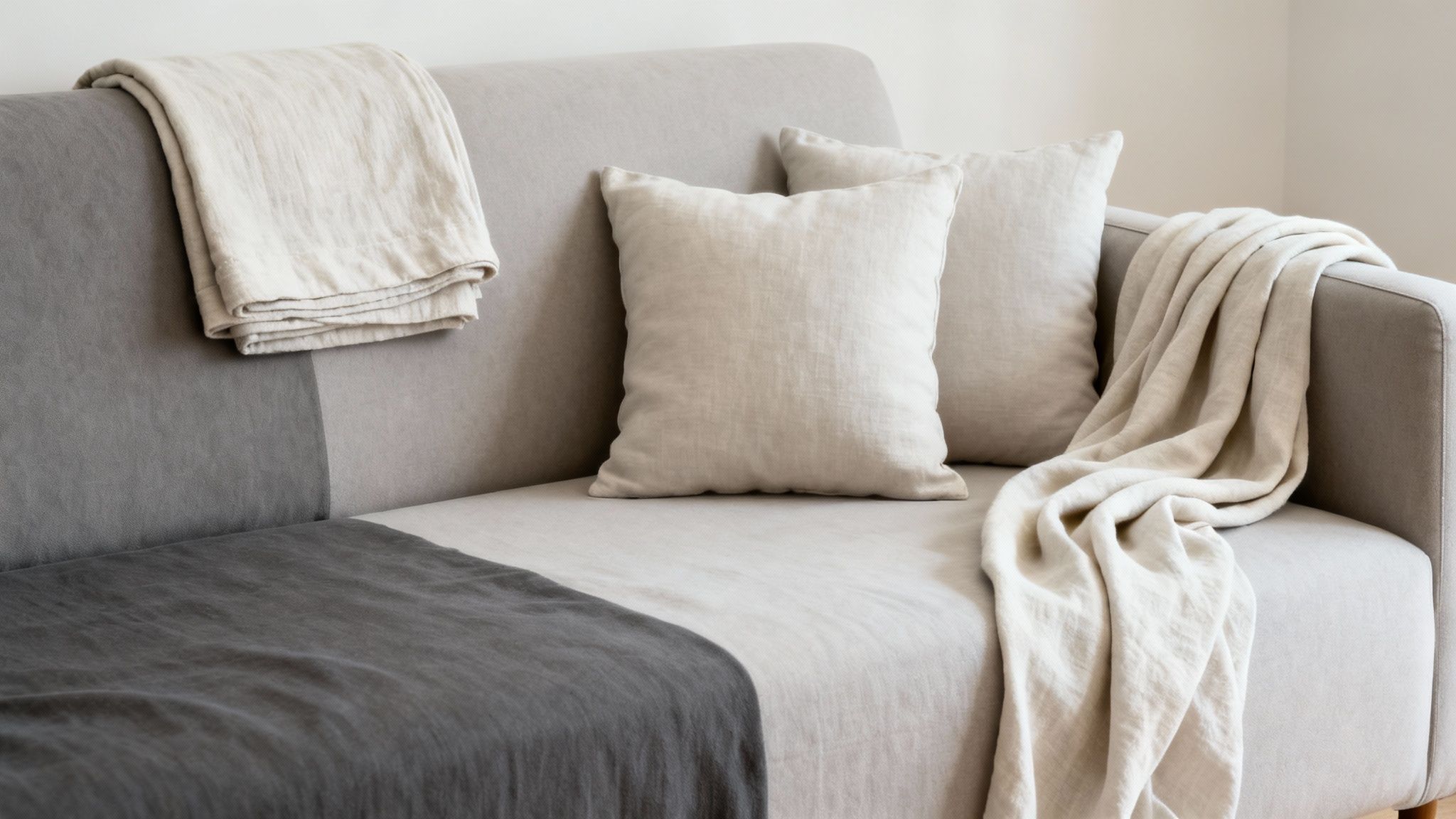 A cozy, neutral-toned sofa featuring two cream throw blankets and matching cushions.