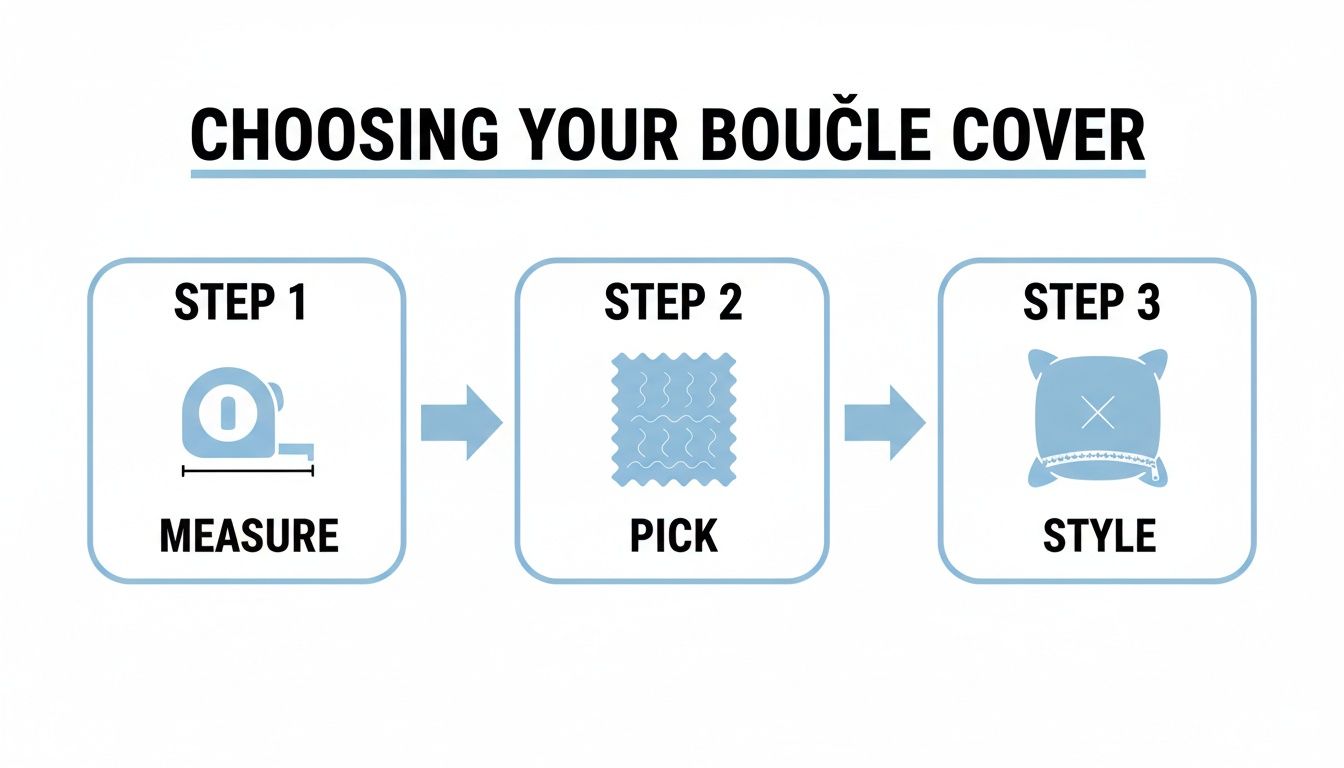 Visual guide detailing three steps to choose a bouclé cover: measure, pick fabric, and style.