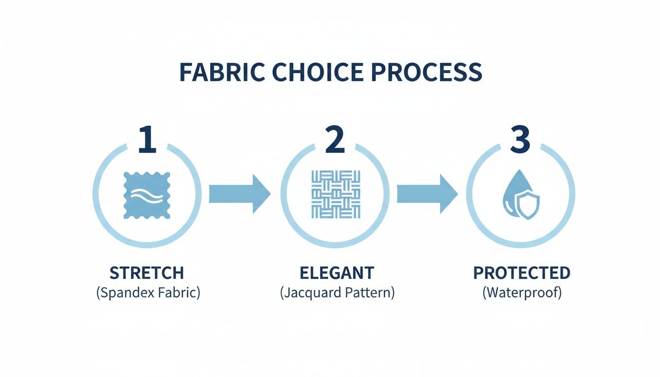 Flowchart illustrating the fabric choice process with steps for stretch, elegant (jacquard pattern), and protected (waterproof).