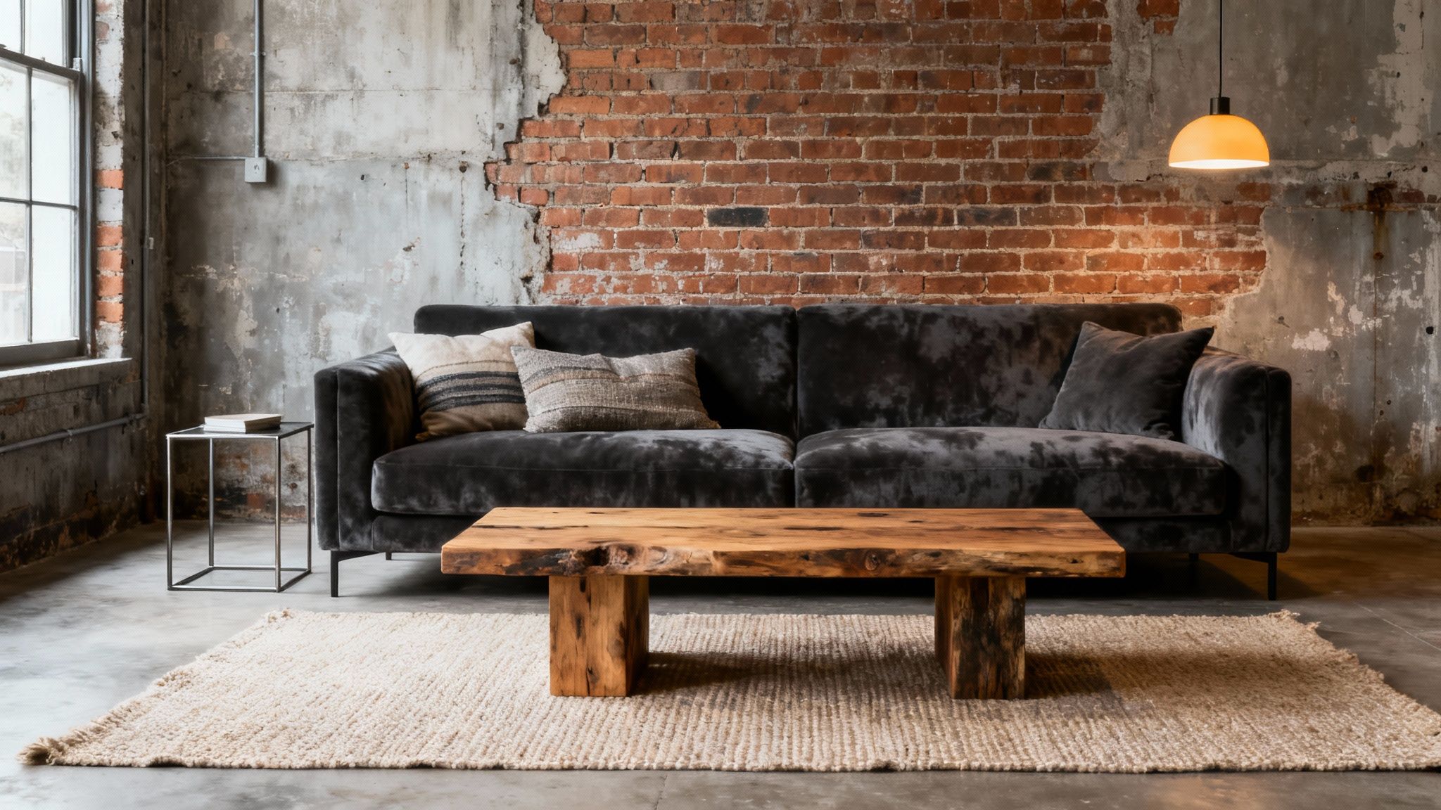 An industrial loft living room with a dark velvet sofa, rustic wood coffee table, and exposed brick.
