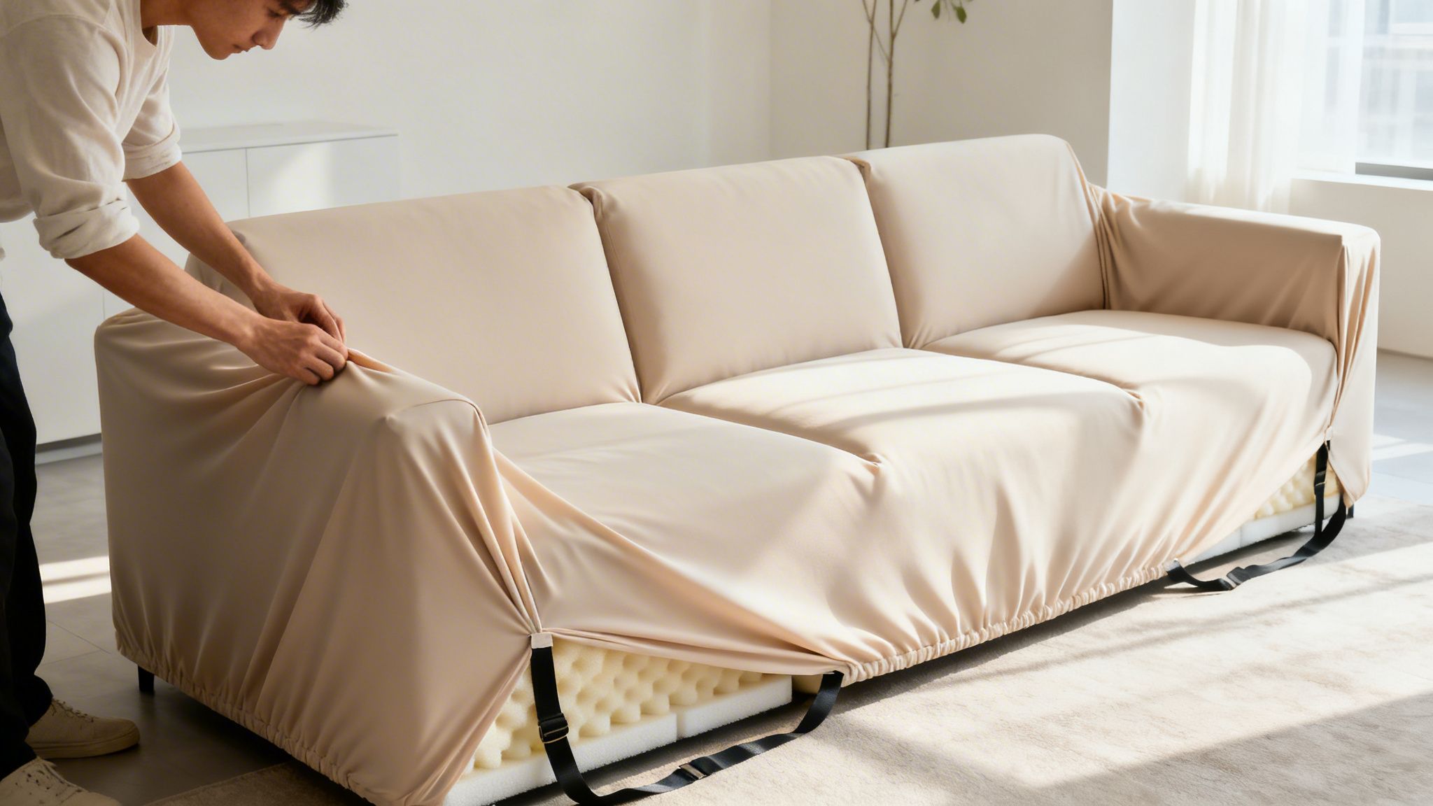 A person adjusts a beige elastic sofa cover on a three-seater lounge, revealing foam padding and straps.