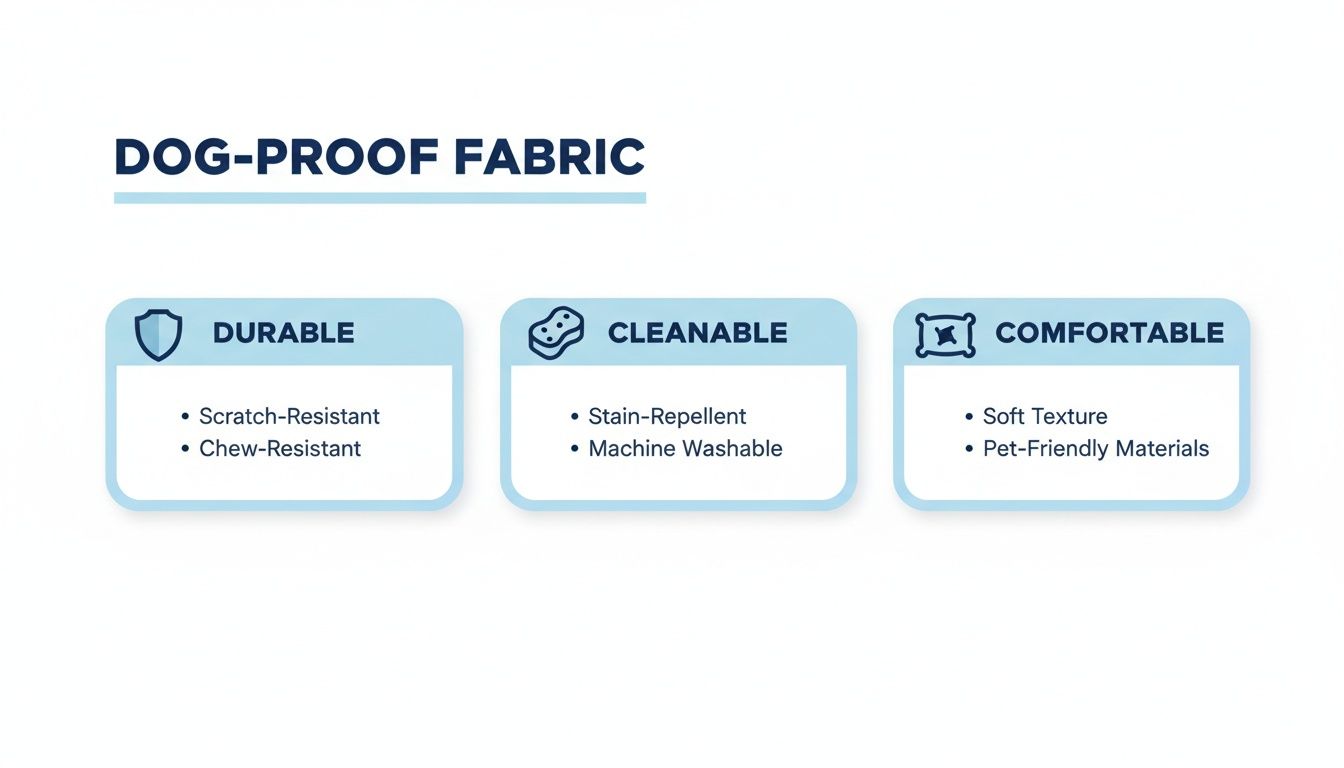 An infographic detailing dog-proof fabric features: durable, cleanable, and comfortable properties with specific benefits.
