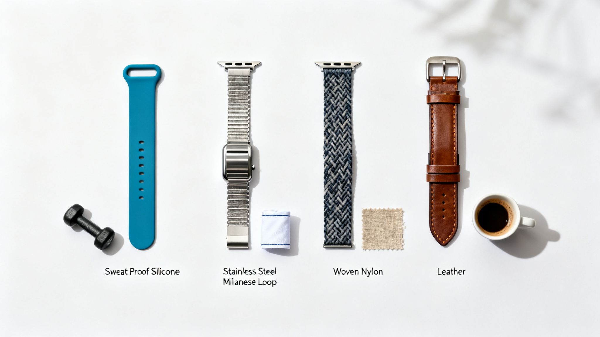 Four different Apple Watch bands: sweat-proof silicone, stainless steel, woven nylon, and leather, displayed on a white surface.