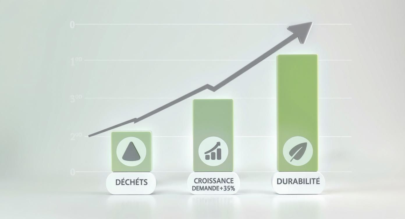 Graphique 3D montrant une croissance positive de la durabilité, de la demande et de la réduction des déchets avec une flèche ascendante.