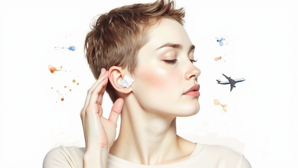 Femme portant un écouteur sans fil blanc pour illustrer le débouchage des oreilles