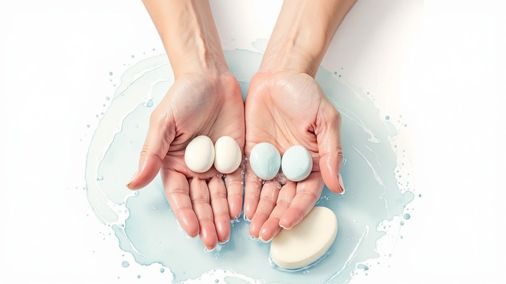 Personne nettoyant délicatement une paire de bouchons d'oreille en silicone réutilisables