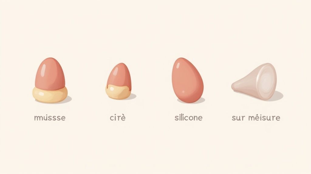 Plusieurs types de bouchons d'oreille colorés sur une surface claire.