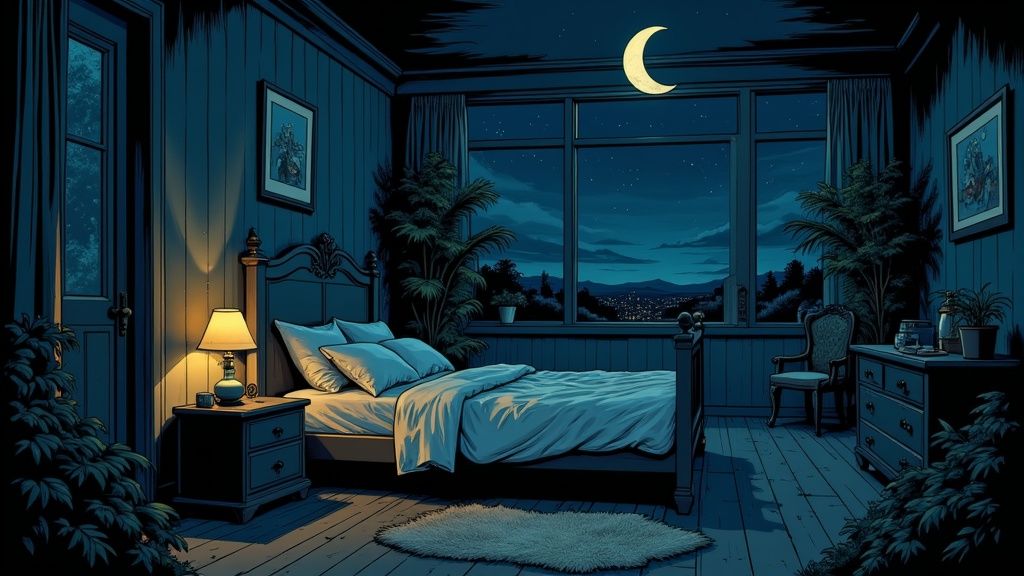 Une personne dormant paisiblement avec des écouteurs, symbolisant l'utilisation de musique pour le sommeil.