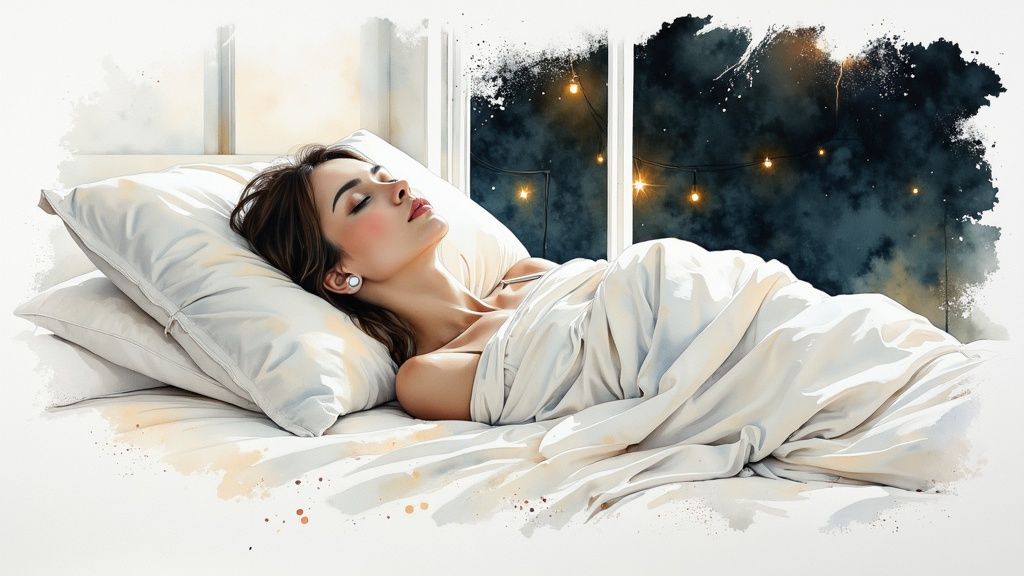Femme dormant paisiblement avec des bouchons d'oreilles dans un lit confortable près d'une fenêtre nocturne