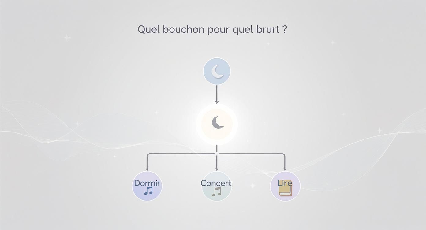 Diagramme interactif montrant quel bouchon d'oreille utiliser pour dormir, un concert ou lire, avec des icônes.