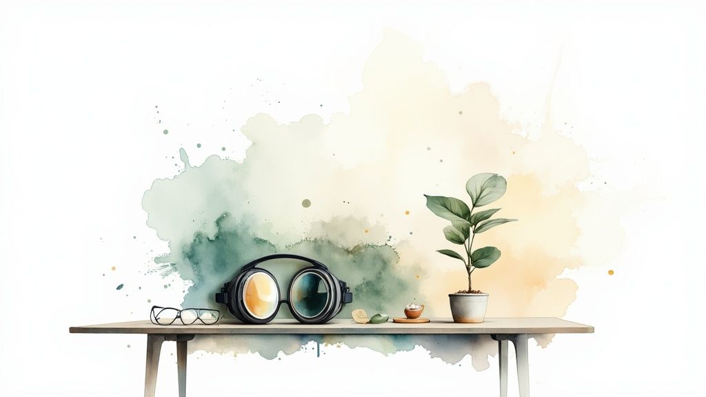 Nature morte minimaliste avec écouteurs, plantes vertes et aquarelle douce sur étagère en bois