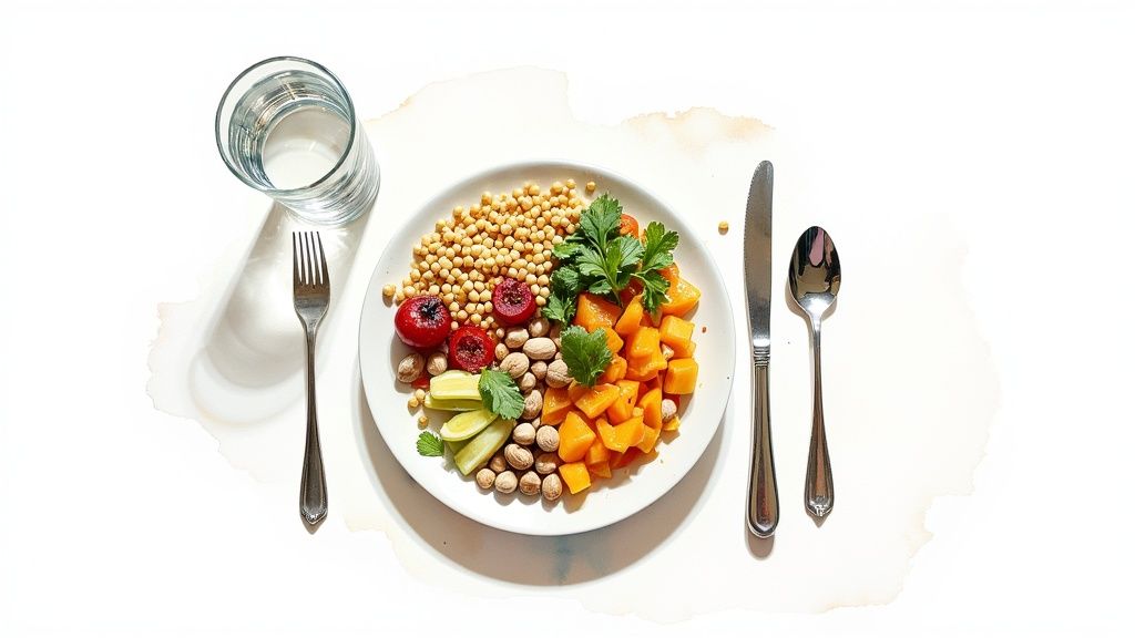 Un repas végétarien équilibré composé de pois chiches, légumes et noix, accompagné d'un verre d'eau.