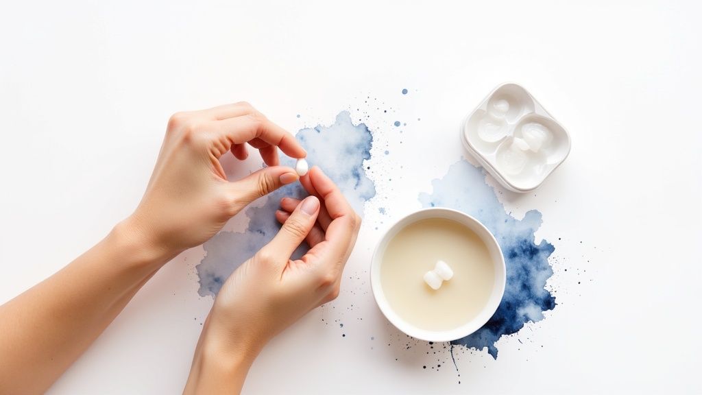 Deux mains tiennent un bouchon d'oreille en silicone blanc sur fond d'aquarelle bleue, avec un bol et un étui.