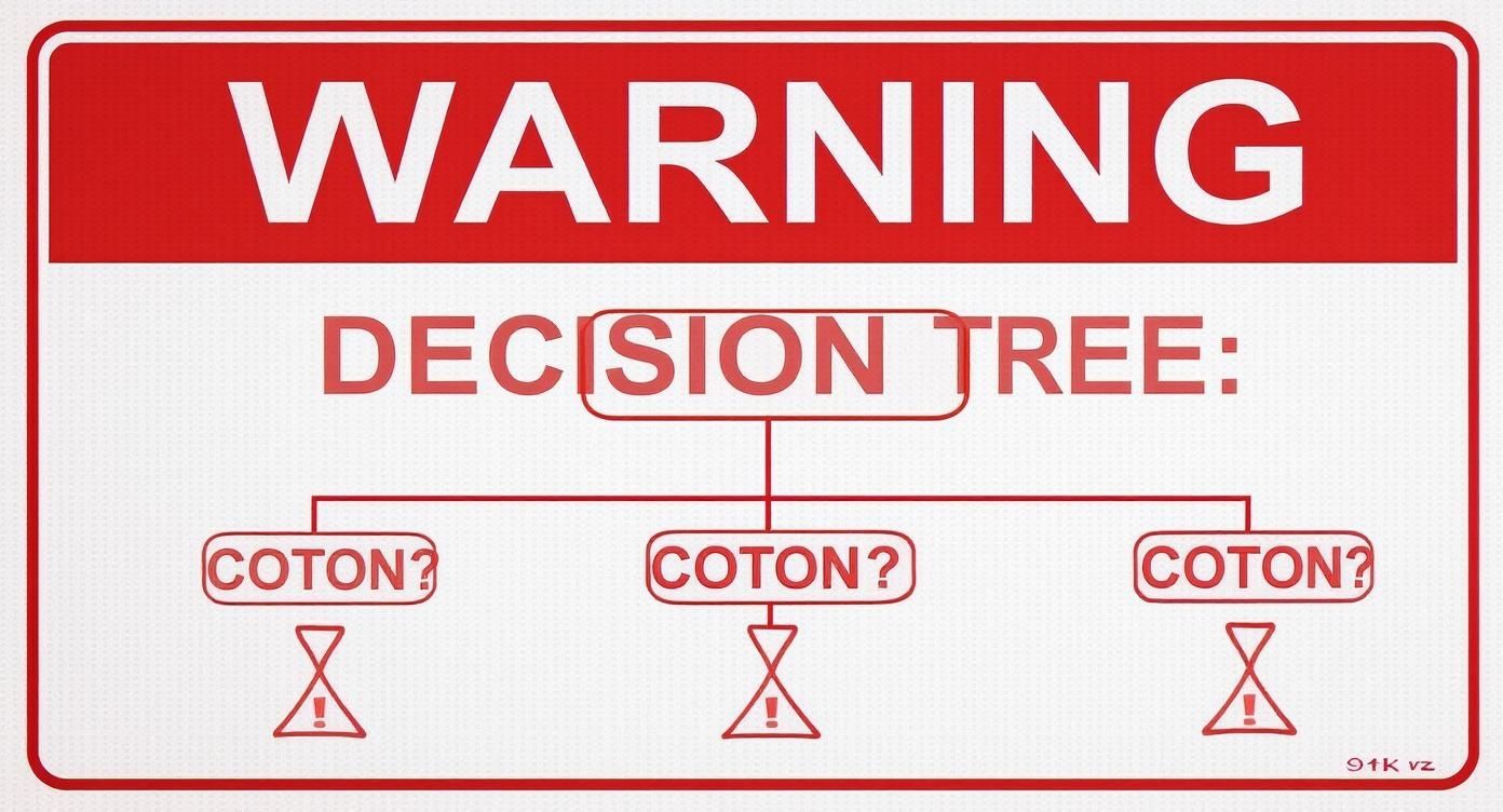 Panneau d'avertissement humoristique montrant un arbre de décision avec trois options menant toutes au coton