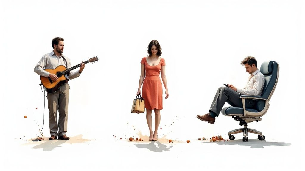 Un guitariste, une femme avec un sac et un homme assis utilisant une tablette sur fond blanc.