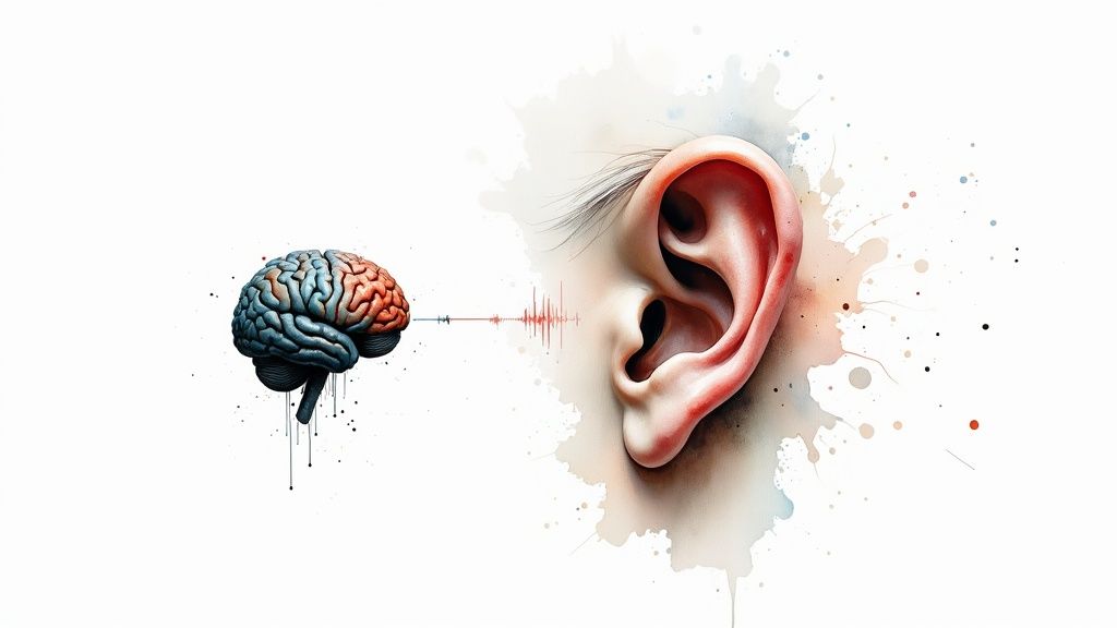 Illustration artistique montrant la connexion entre le cerveau et l'oreille dans le traitement des sons