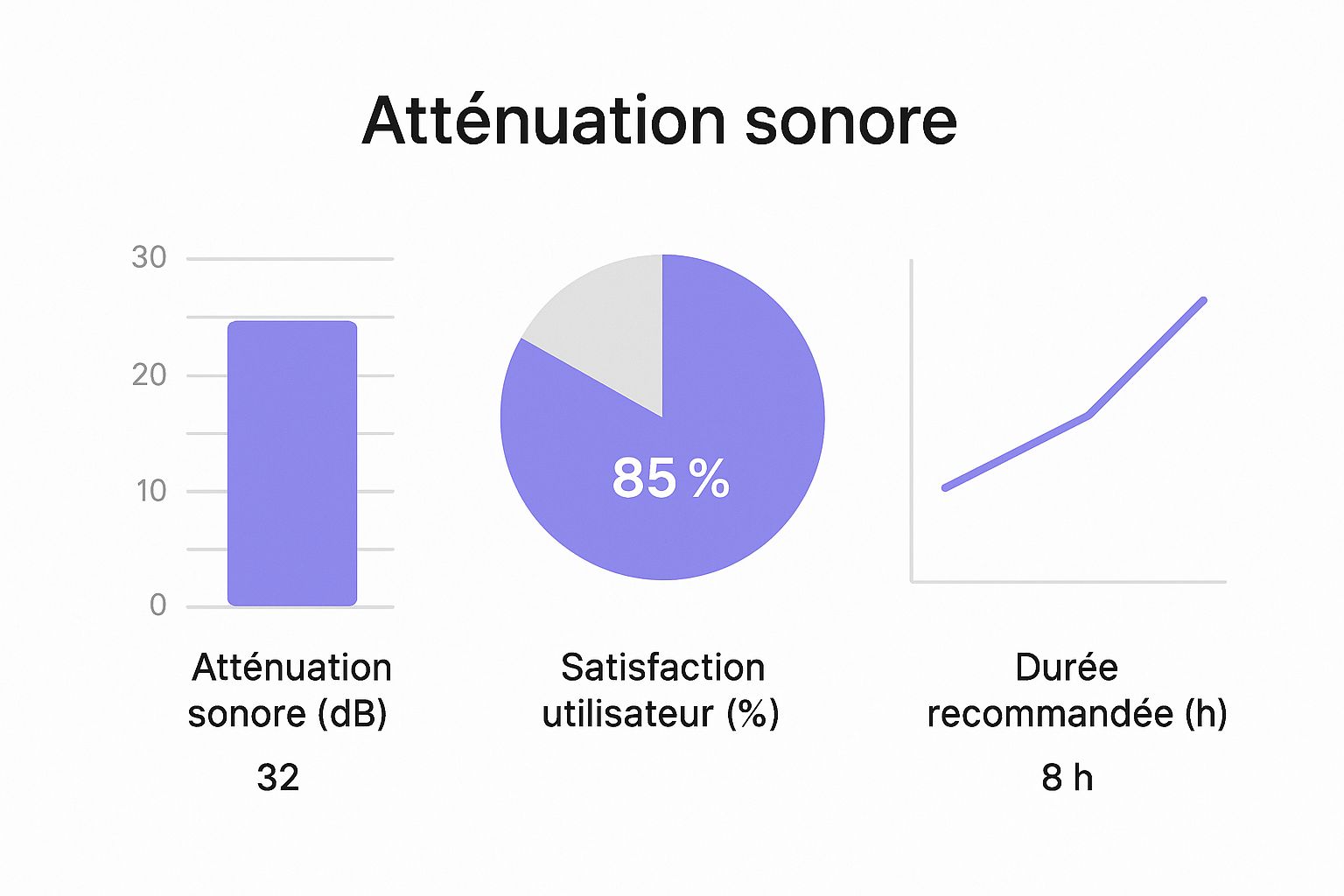 Infographie présentant les données clés des boules quies ronflement : atténuation sonore moyenne de 32 dB, satisfaction utilisateur de 85%, et durée d'utilisation recommandée de 8 heures.