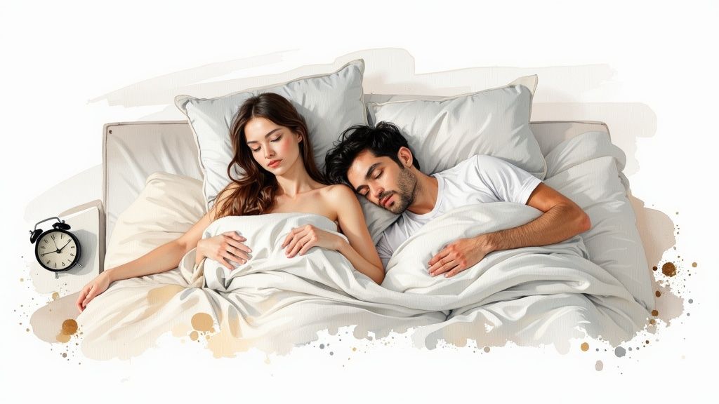 Un couple dans un lit, la femme éveillée et l'homme endormi, avec un réveil sur la table de chevet.