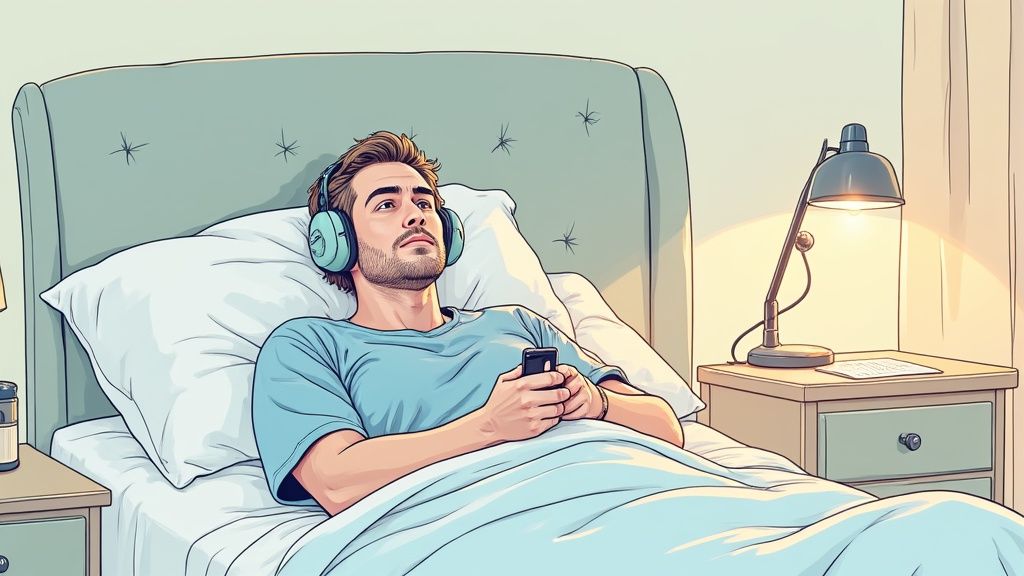 Une personne relaxée dans son lit avec des écouteurs, prête pour sa routine de sommeil musicale.