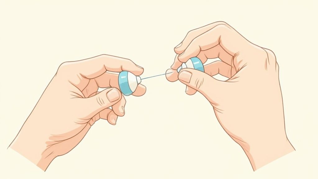 Une personne nettoyant délicatement ses bouchons d'oreille en silicone.