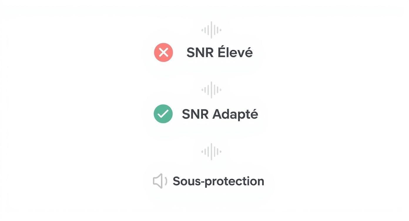 Infographie illustrant les niveaux de protection SNR : élevé (surprotection), adapté (idéal), et sous-protection.